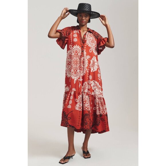 By ANTHROPOLOGIE Ruffle-Sleeve Maxi Dress S Tiered Medallion Print Boho Breezy - Picture 2 of 12